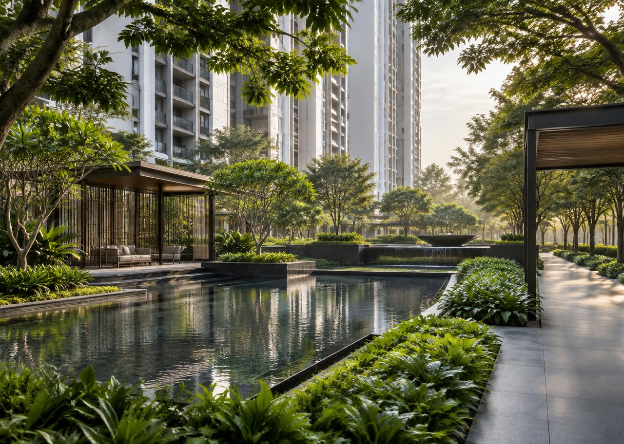 Landscaped residential courtyard with shaded paths and a reflecting pool