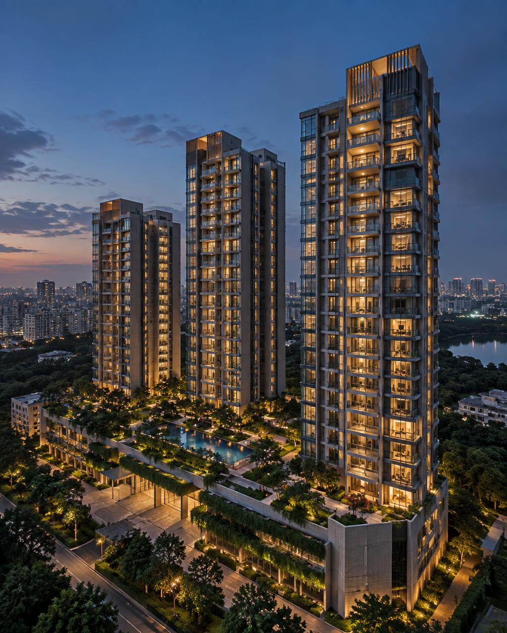 Premium residential towers and landscaped gardens at dusk
