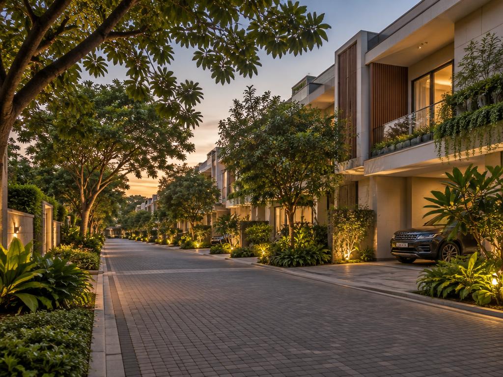 Tree-lined street of contemporary garden townhomes