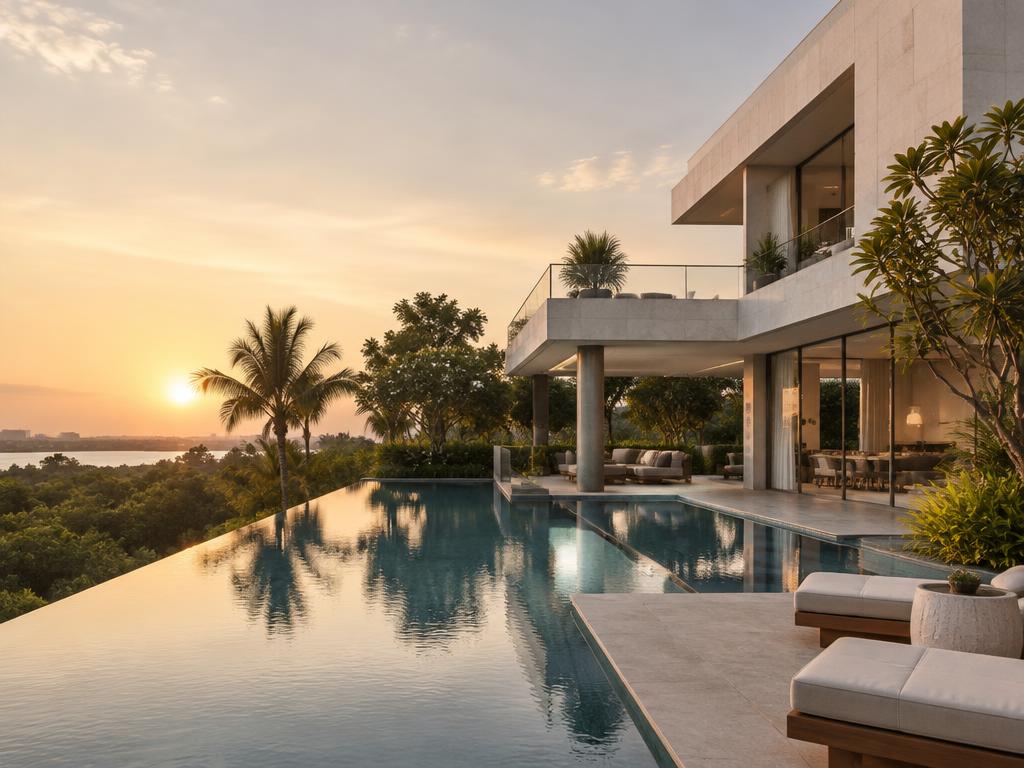 Contemporary villa with an infinity pool at sunset
